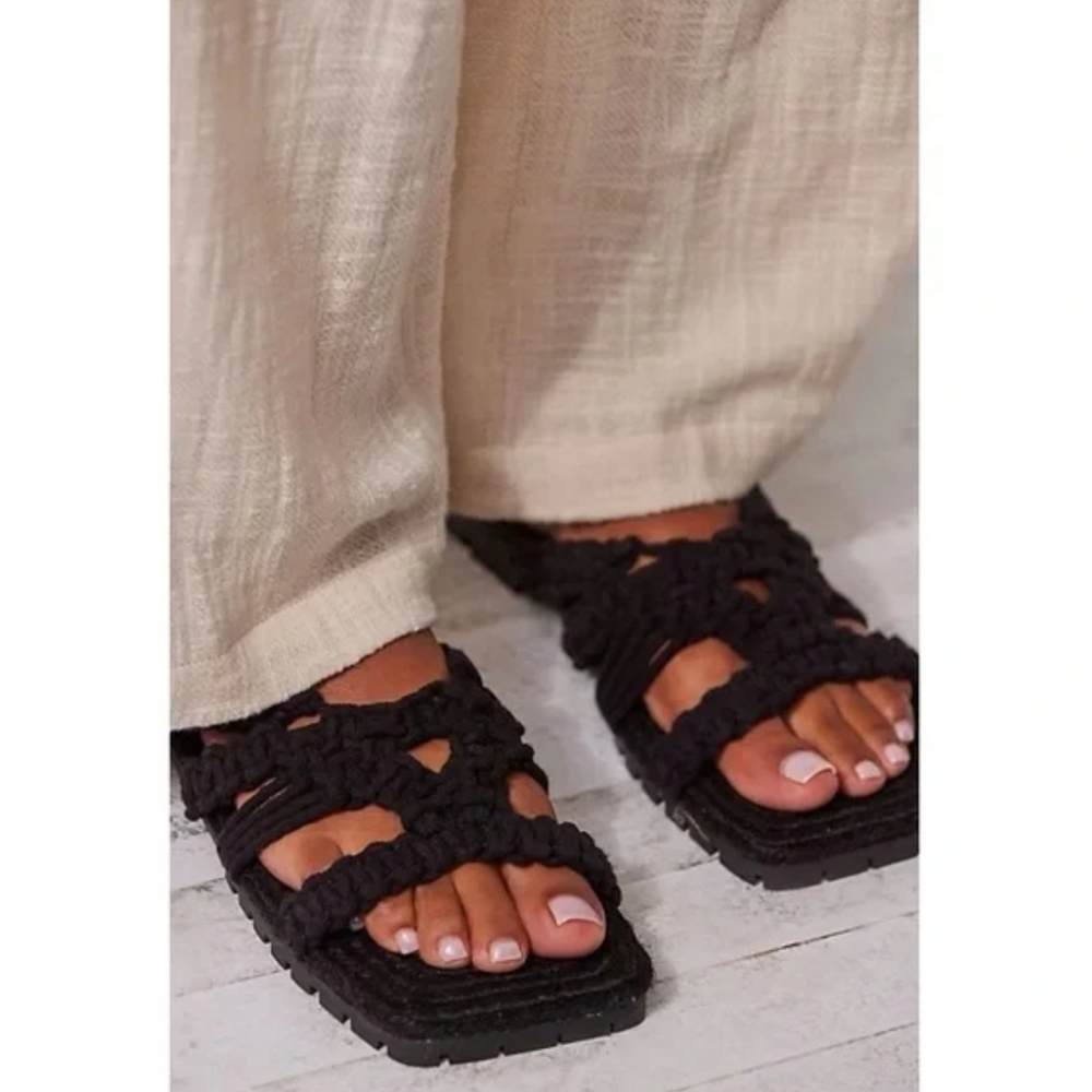 Free People Black Sandri Macrame Sandals slip on crochet bohemian beachy boho